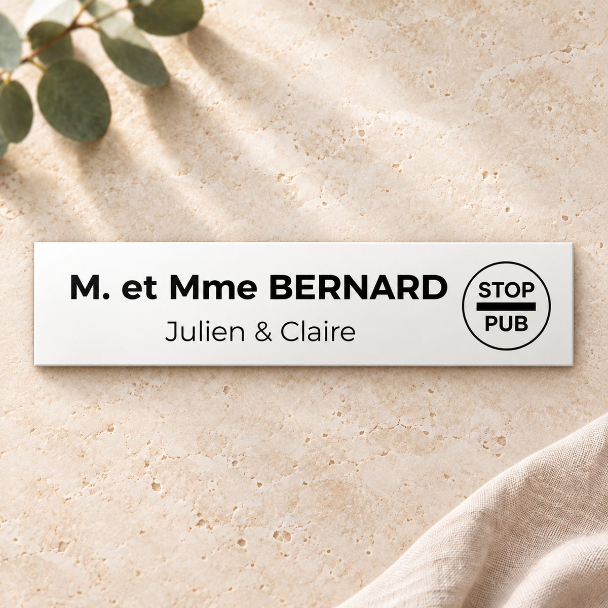 Plaque boîte aux lettres 2 lignes avec Stop Pub