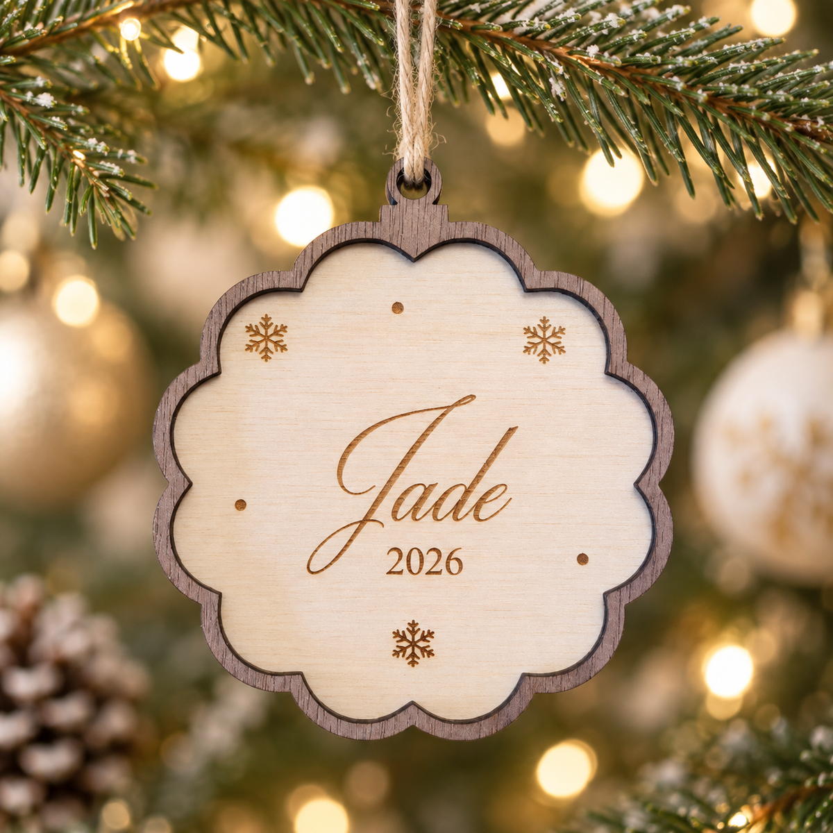 Boule de Noël personnalisée prénom et année – Médaillon festonné